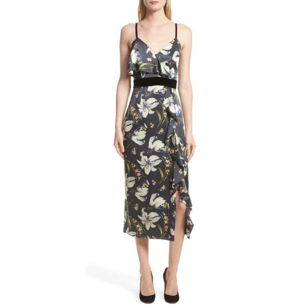Cinq à Sept Leena Floral Print Midi Dress Size 10‎ 100% Silk with Velvet …